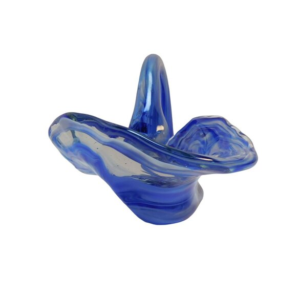 Hand Blown Art Glass Basket Bowl W/Handle Blue 6.5x5x4.5" - Picture 7 of 9
